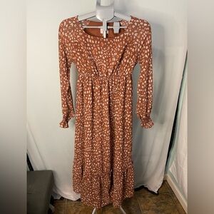 Isabel Maternity Maxi Dress Womens XS Brown Animal Print Long Sleeve Tiered Boho